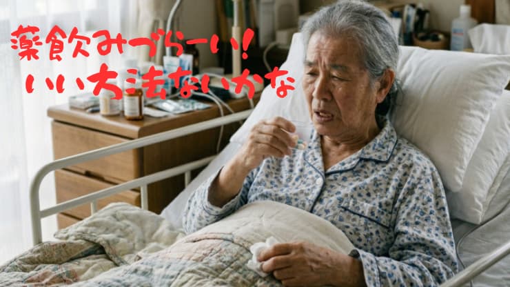 ベット上で薬を飲もうとしている画像