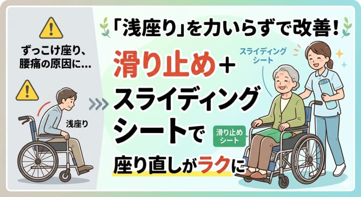 車いすのズッコケ座りを滑り止めとスライディングシートで楽に直せることを知らせているアイキャッチ画像